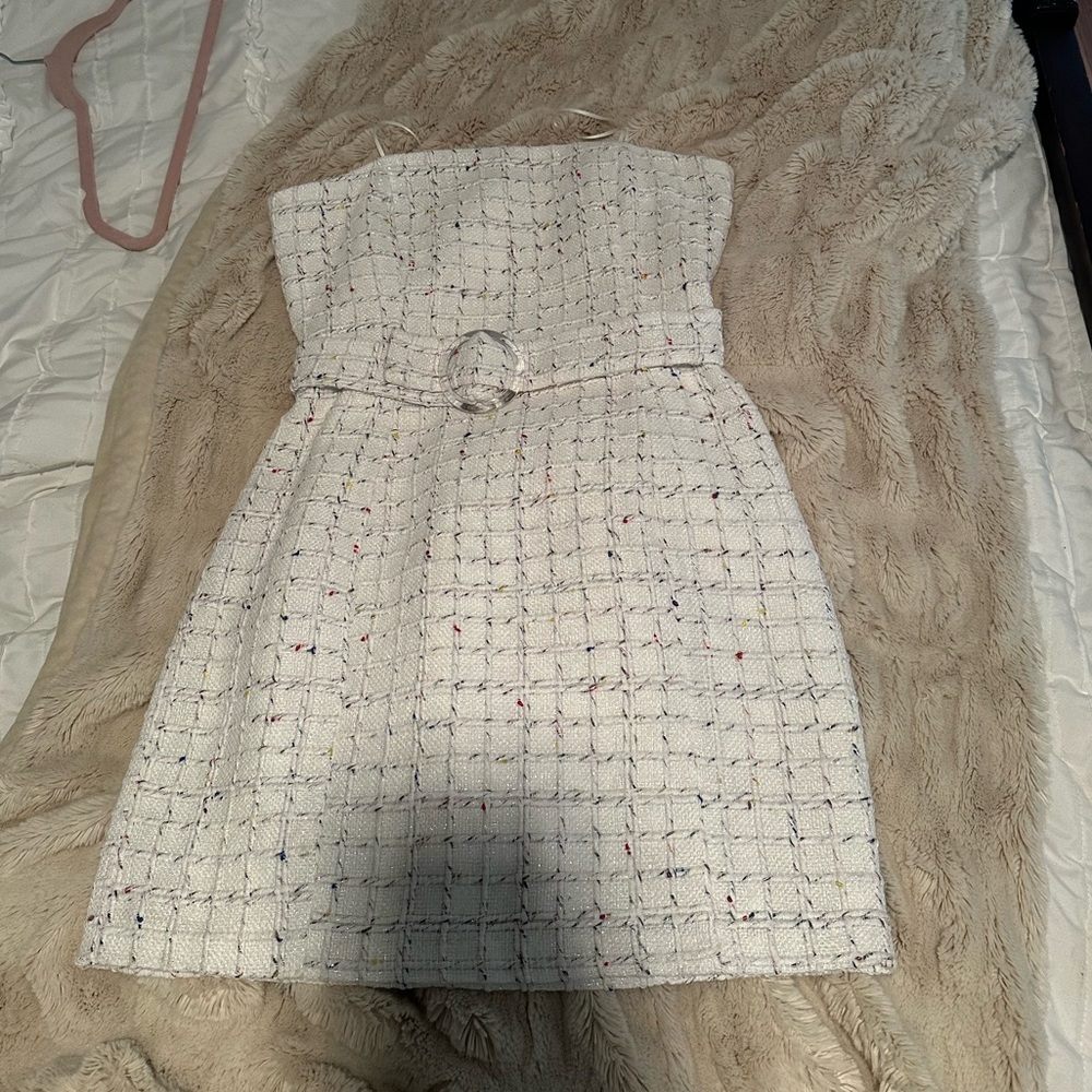 Amanda Uprichard Fae Belt Dress Strapless White Multicolor Tweed Medium